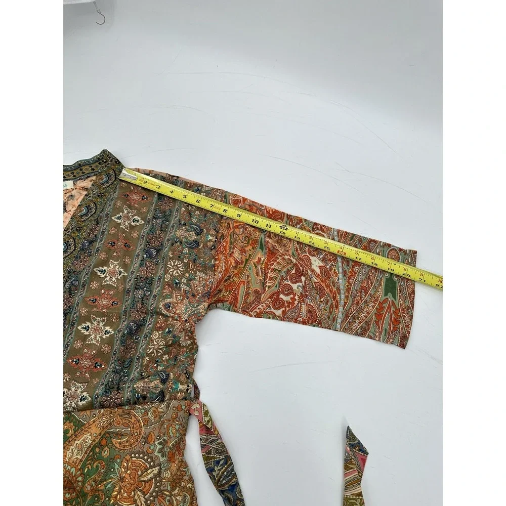 Lunas Vintage Silk Blend Kimono Robe Duster OS Boho Paisley Belted Fairy Earthy